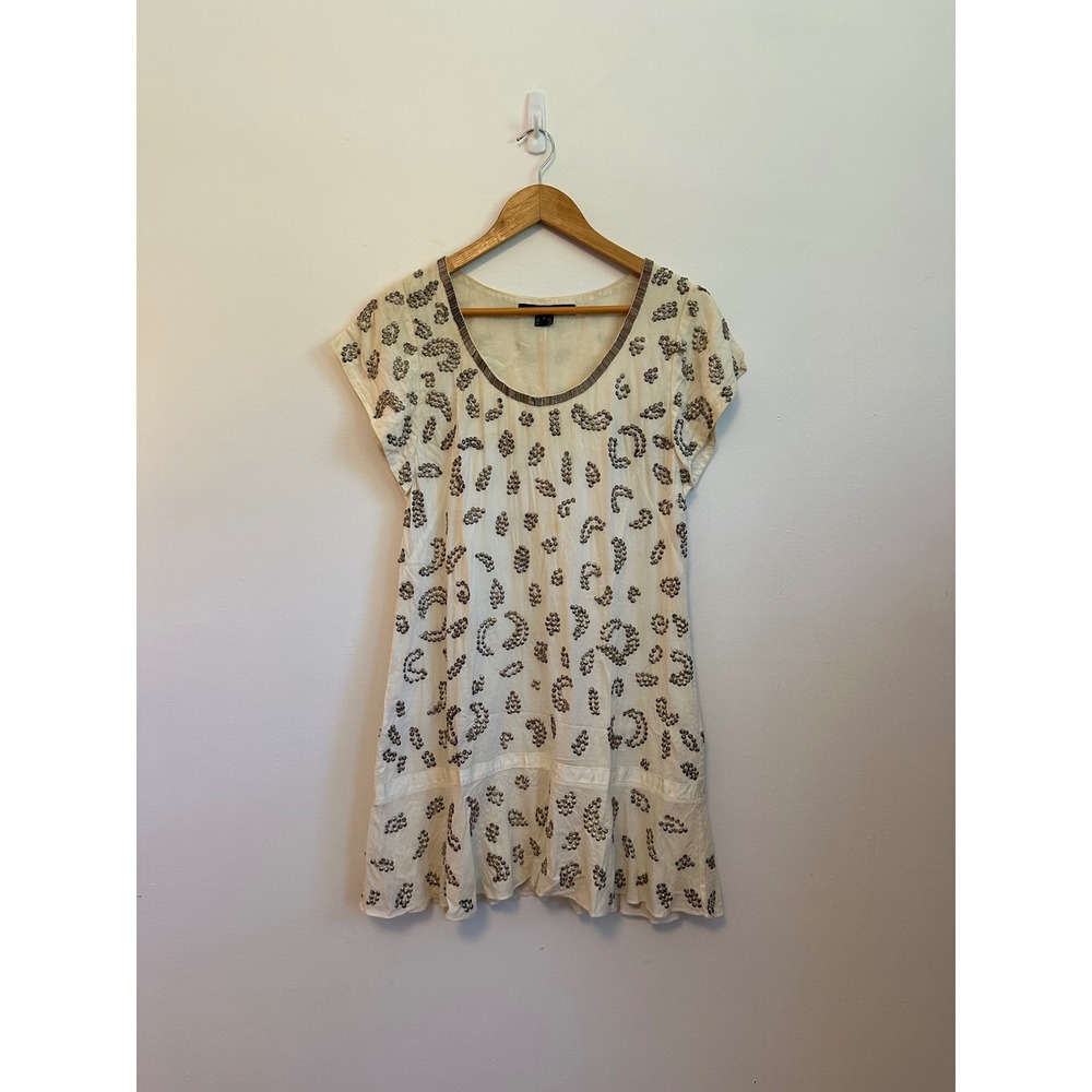 French Connection White Cotton Metal Sequin Beaded Shift Dress | Size 4